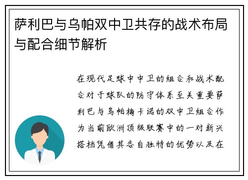 萨利巴与乌帕双中卫共存的战术布局与配合细节解析