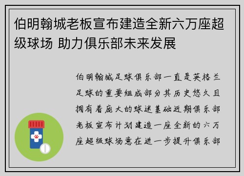 伯明翰城老板宣布建造全新六万座超级球场 助力俱乐部未来发展