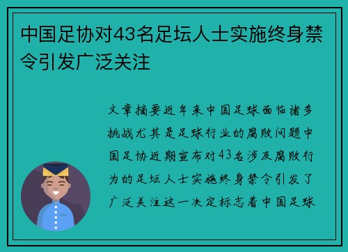 中国足协对43名足坛人士实施终身禁令引发广泛关注 中国足协对43名足坛人士实施终身禁令引发广泛关注
